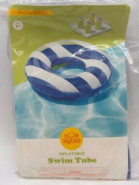 Sun Squad Inflatable Swim Tube Blue & White 31" Diameter Includes Repair Patch